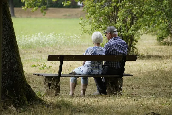 Two older adults sitting on a wooden bench under a tree in a park
