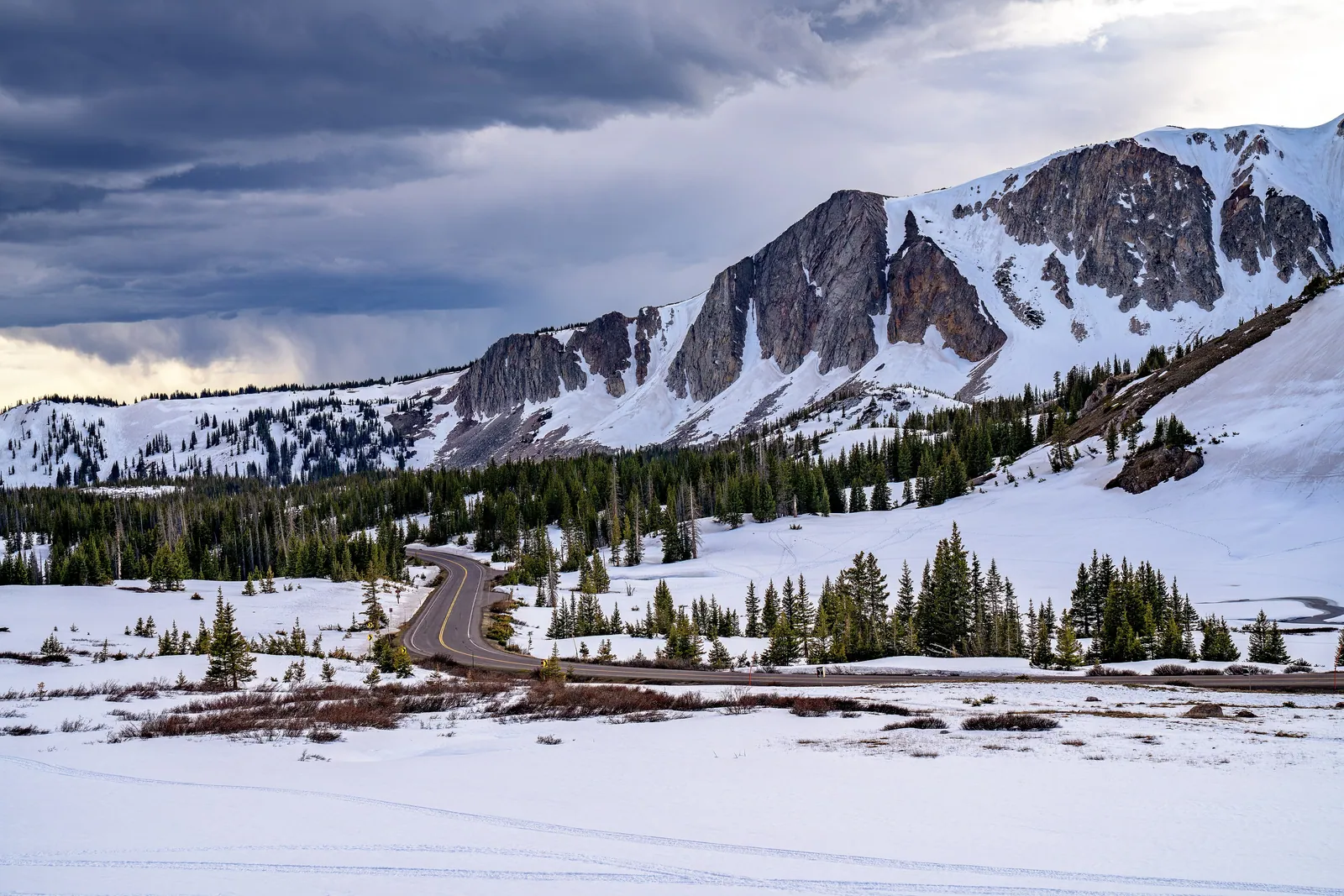Medicine Bow Peak rises above the Snowy Range Scenic Byway of Southeast Wyoming on May 25, 2026.